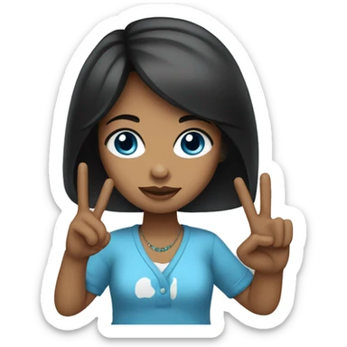 Blac hair blue eyes girl holding peace sign sticker