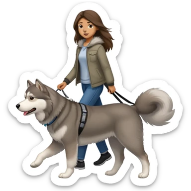 A girl with long brown hair walks a gray Alaskan sticker