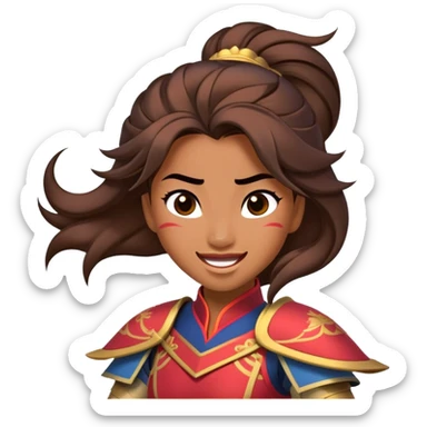 Cinematic Playful Mulan Portrait Emoji, Mid-laugh with a strand of hair falling over her face, adjusting her armor, eyes full of adventure, exuding an irresistible mix of beauty and fun, the perfect blend of warrior and princess! sticker
