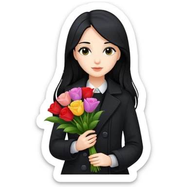 beautiful girl with long black hair wearing a black coat holding a bouquet of flowers sticker