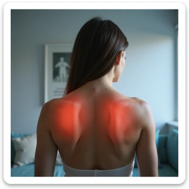 hyperrealistic 4K image of a woman seen from behind with inflamed shoulder blades, red skin between the shoulder blades, clinical environment, variant 5 with slightly changed torso position sticker