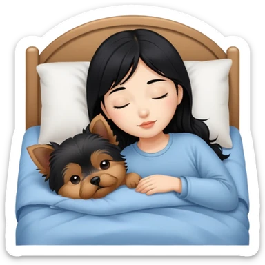 pretty asian girl with black hair sleeping in bed with small yorkshire terrier sticker