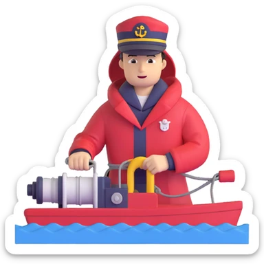 Close-up of sailor in raincoat operating winch to retrieve sediment samples from rough sea sticker