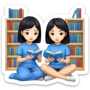 two asian girls black hair sitting reading blue books sticker