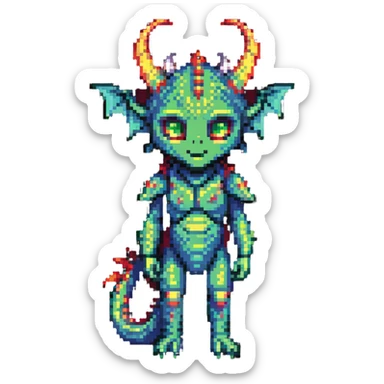 child with a mix of dragon 20%, alien 60%, and demon 20% traits sticker