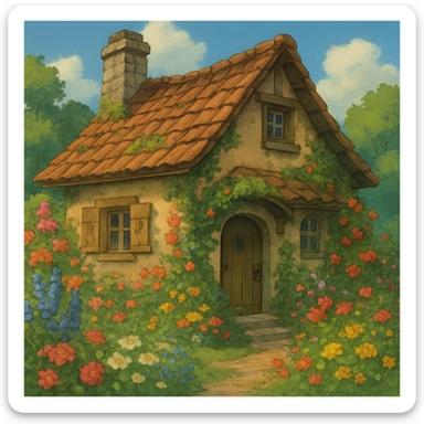 ghibli style cozy cottage with flowers sticker