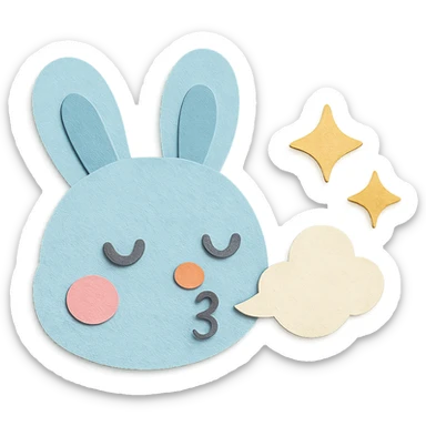pastel blue bunny with cloud, blowing a kiss with sparkles, paper-craft style sticker