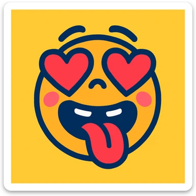 Add heart eyes to the vibrant toon style face with tongue sticking out, eyes crossed, blushing, silly expression. sticker