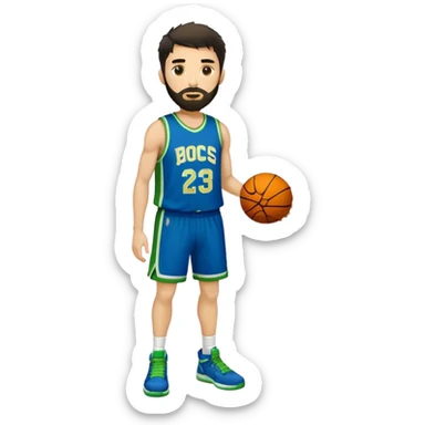 Full Body  white male basketball player with short shaggy dark hair and gold tee beard wearing blue and green uniform sticker