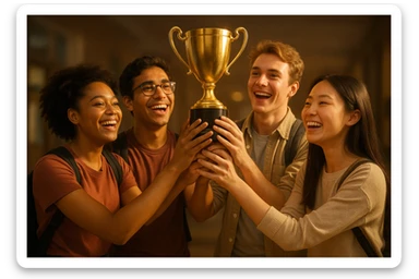 four diverse students in a warm atmosphere lifting a trophy, semi-realistic style, golden light, smiling faces, blurred background sticker