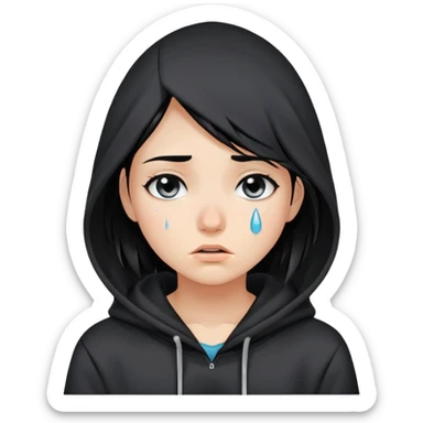 girl with black hair in black hoodie with tears streaming down her face sticker