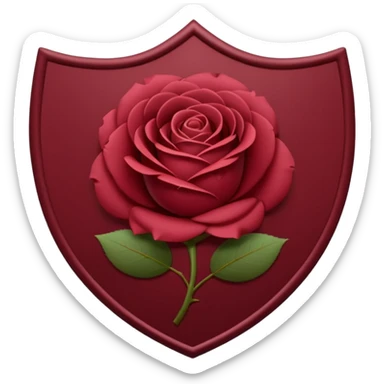 A smooth, rounded shield silhouette in deep wine red (#7A0F1E) with a centered minimalist rose emblem. The rose should be elegant and simple, with soft curved petals and subtle symmetry. sticker