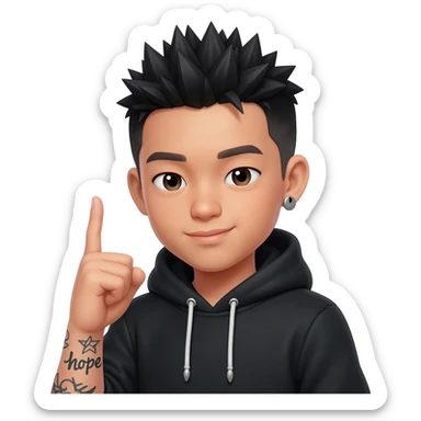 japan boy with spiky hair and black hoodie zip one-sided earrings tattoo with the word "hope". sticker