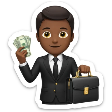 male memoji, dark hair, luxury black suit and tie, holding briefcase and cash, gold watch on wrist, confident smirk, billionaire aura sticker