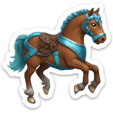 Chestnut brindle brindled horse running galloping wearing blue and cyan armour  sticker