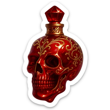luxurious red elixir bottle in the shape of a skull, very small, barely visible golden collar, lots of shine, edges, light refractions, golden details, ornaments, magical effects, transparent background, beautiful merging bottom, bottle clearly hanging in the air, no base or shadow, premium class impression, design matching a collection of crystal, luxurious, magical bottles sticker