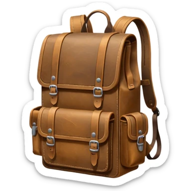 A sturdy, weathered leather backpack with metal-reinforced flaps and deep, practical pockets. Scratched and rugged from long travel, it has a solid, utilitarian look—built for harsh roads and hard use. sticker