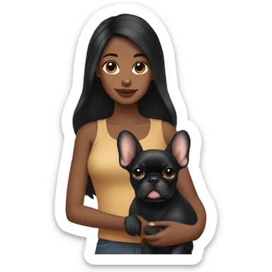 Black hair girl holding a  tan Frenchie sticker