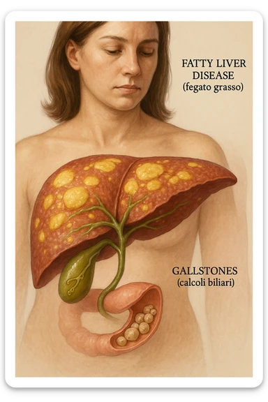donna con fegato grasso immagine realistica e usa oli vegetali formando anche calcoli biliari sticker