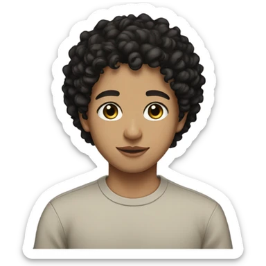 light skin, short black curly hair, brown eyes, 17, with a black shirt and pants sticker