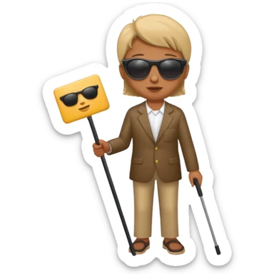 A blind person wearing sunglasses and holding a guide cane sticker