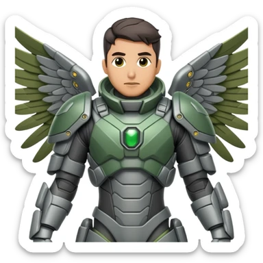 Danny ramirez wear a detailed grey and green tactical suit.
Large, articulated mechanical wings are spread wide. sticker