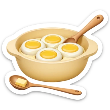 A cream ceramic baking bowl with a wooden spoon in it, a carton of eggs and butter sticker