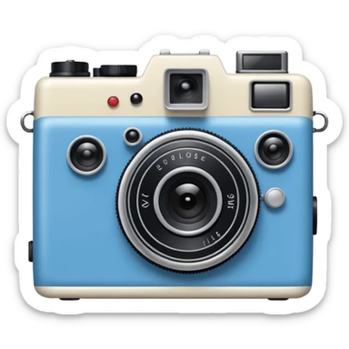 A hand-drawn doodle in a minimalist, cartoon style of a [vintage camera]. The object is white with thick, rough, black marker outlines and two small black dot eyes. It is a simple sketch with no realistic textures, centered on a solid [blue] circular background." sticker