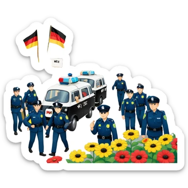West German protest scene, 1968, young people with colorful protest signs saying 'Make Love Not War' and 'Mehr Demokratie wagen', BRD flag, flowers, police in background, lively mood sticker