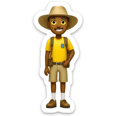 Welcoming tourist to his place to stay. Yellow. Background. sticker