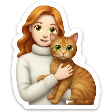 ginger girl with wavy long hair and green eyes in turtle neck white sweater cuddling with a brown cat sticker