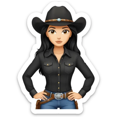 confident hot tanned woman with long black hair cowgirl style wearing black outfit with strong pose sticker