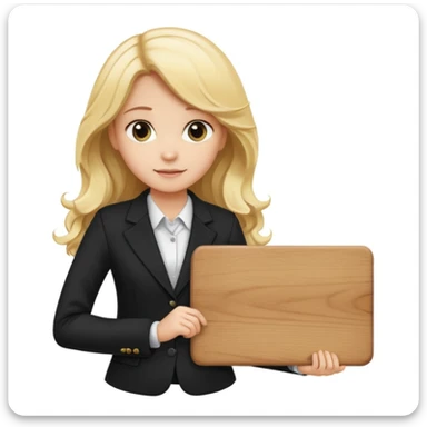 Blonde long wavy hair girl with black office blazer holding a wooden board with a sign 10/10 sticker