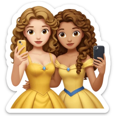 Haz un dos chicad una la princesa Bella de Disney y la otra uo con el pelo rizado largo haciendose un selfie como si et UVI ETB en el perquè de isney sticker