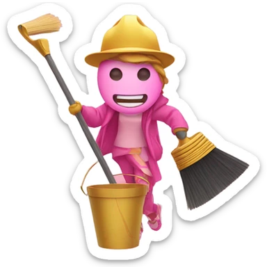An illustration of an emoji holding a broom, bucket and taking a selfie, in pink and gold colors. sticker