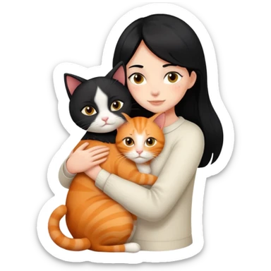 A black-haired girl hugs a ginger cat and  A black cat sticker