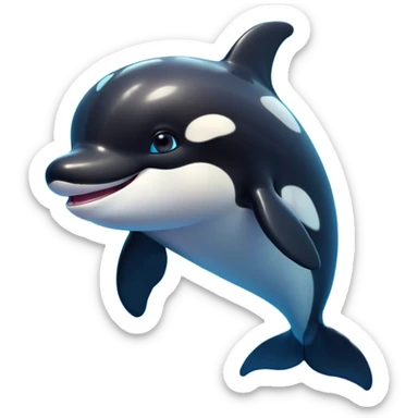 Cinematic Cute orca Portrait Emoji, Head tilted playfully and inquisitively, featuring a smoothly rounded body with bright, sparkling eyes and an adorable, friendly smile, Simplified yet irresistibly adorable features, highly detailed, glowing with a warm, ocean-blue glow, high shine, affectionate and lively, stylized with a touch of whimsical aquatic charm, soft glowing outline, capturing the essence of a mischievous yet endearing orca that seems as if it could leap right into your heart! sticker