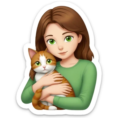 Girl with brown hair, green eyes , with green top hugs European cat with yellow eyes  sticker