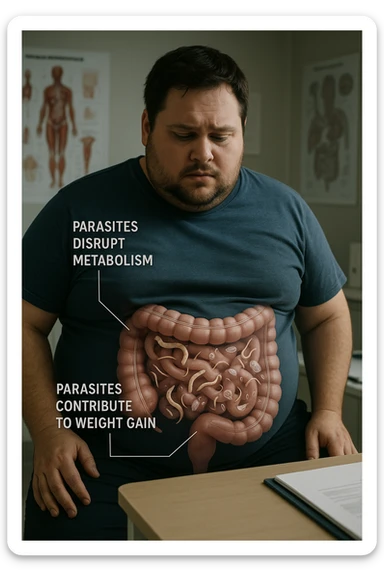 cinematic photo an overweight man is shown with a semi-transparent abdomen, highlighting the intestines filled with various types of parasites (such as worms or protozoa). Educational callouts explain how these parasites can disrupt metabolism and contribute to weight gain. The setting is a medical office, with charts and diagrams in the background. sticker