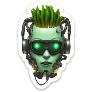 Green skin cyborg head with dark yellow Mohawk, white respirator mask and circuitry sticker