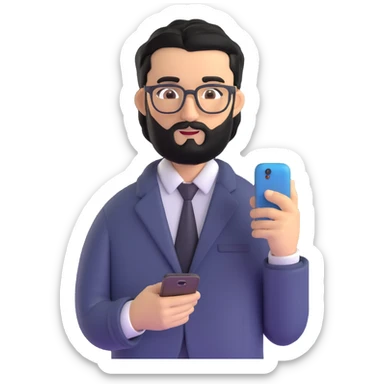 standing pose of professional man with medium black beard, black hair styled and combed to one side, connected unibrow, olive tan skin, brown eyes, glasses, prominent nose, dressed in formal black jacket, with mobile phone sticker