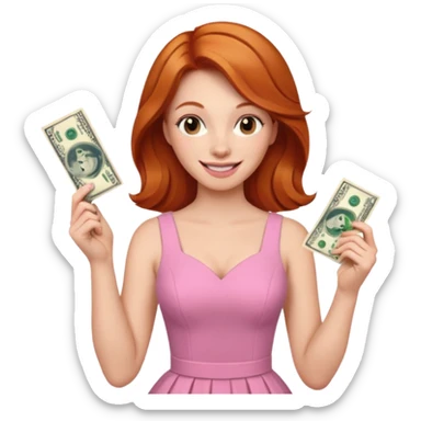 ginger hair Woman wearing pink dress holding dolar sticker