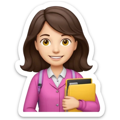 Teacher emoji but : wavy dark brown hair, light western skin, no glasses, dark eyes, with a computer folder in the hand (color is yellow), being a teacher, wearing pink backpack, smile with teeth





 sticker