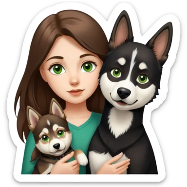 girl with long brown hair green eyes holding one german shepherd and a black and white husky sticker