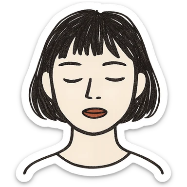 A young Asian woman with short, dark brown hair with bangs, neutral facial expression, closed eyes, vibrant red lips, light beige skin tone, close-up portrait, plain white background, cartoon-like and stylized, bright and saturated colors, even and flat lighting, neutral atmosphere, hand drawn style. sticker