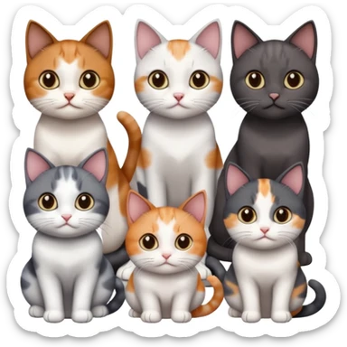 4 different coloured short haired cats including; a dark brown and white cat, and a dark grey and white, and a calico sticker