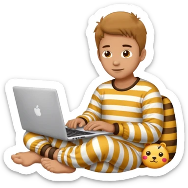 man in striped pajamas and fuzzy slippers typing on a laptop, emoji style sticker