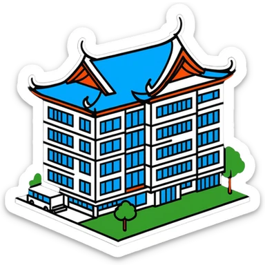 Bangkok hospital with traditional Thai roof details and modern medical facility sticker
