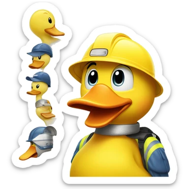 The big yellow duck is wearing a safety helmet sticker