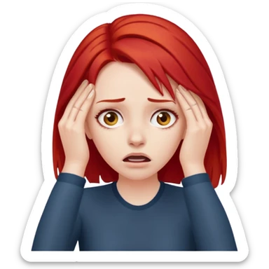 A realistic waist-up portrait of a frightened woman with her hands on her head and red hair sticker